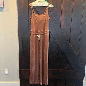 Vuori Mudra Brown Spaghetti Strap Jumpsuit with Tie Waist and built in bra